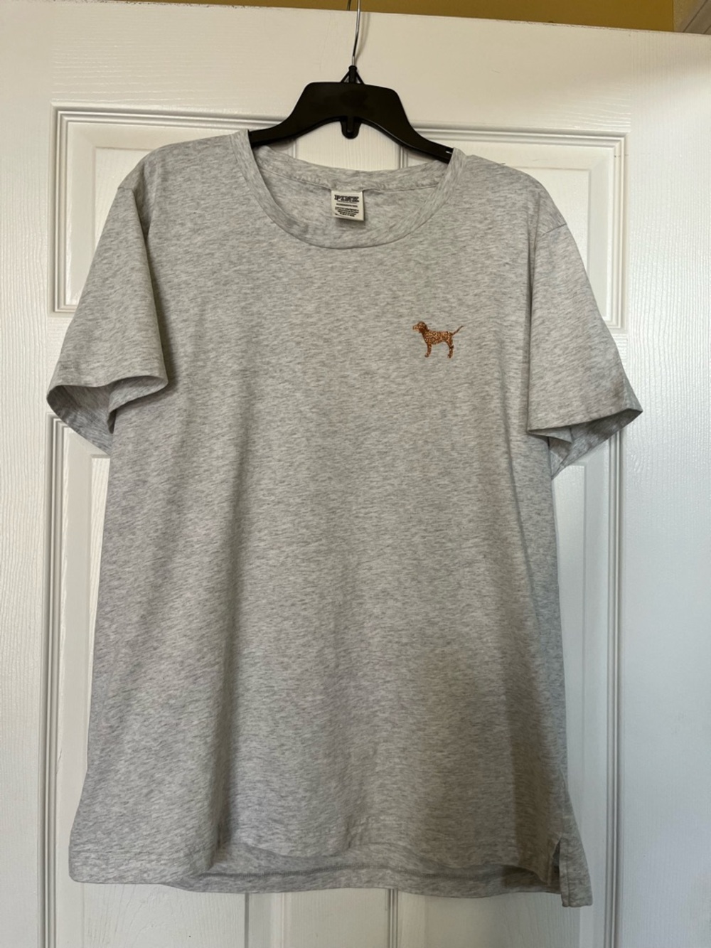 Ladies Light Heather Gray Crewneck T‑Shirt with Small Dog Logo